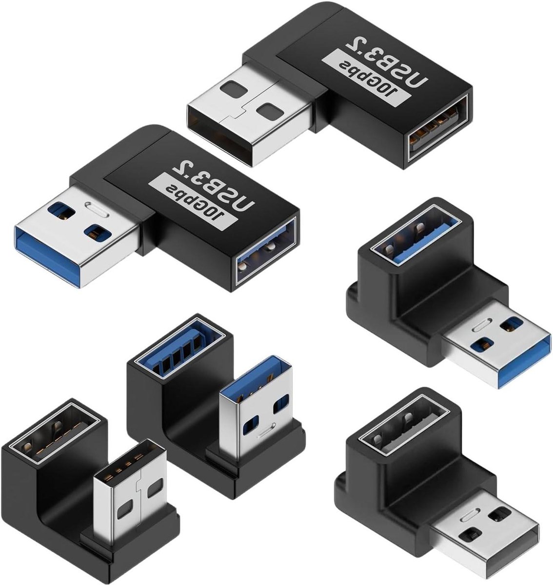 USB Adapter Set - Hoek Plug - Ruimte Besparen - 10Gbps Snelheid - 6 Stuks - Zwart