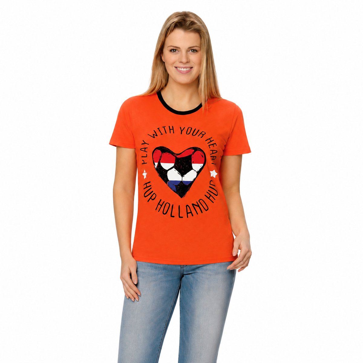 Dames Oranje T-Shirt Hup Holland Hup – Maat L (44-46) – WK Voetbal 2026 – Oranje Supportersshirt