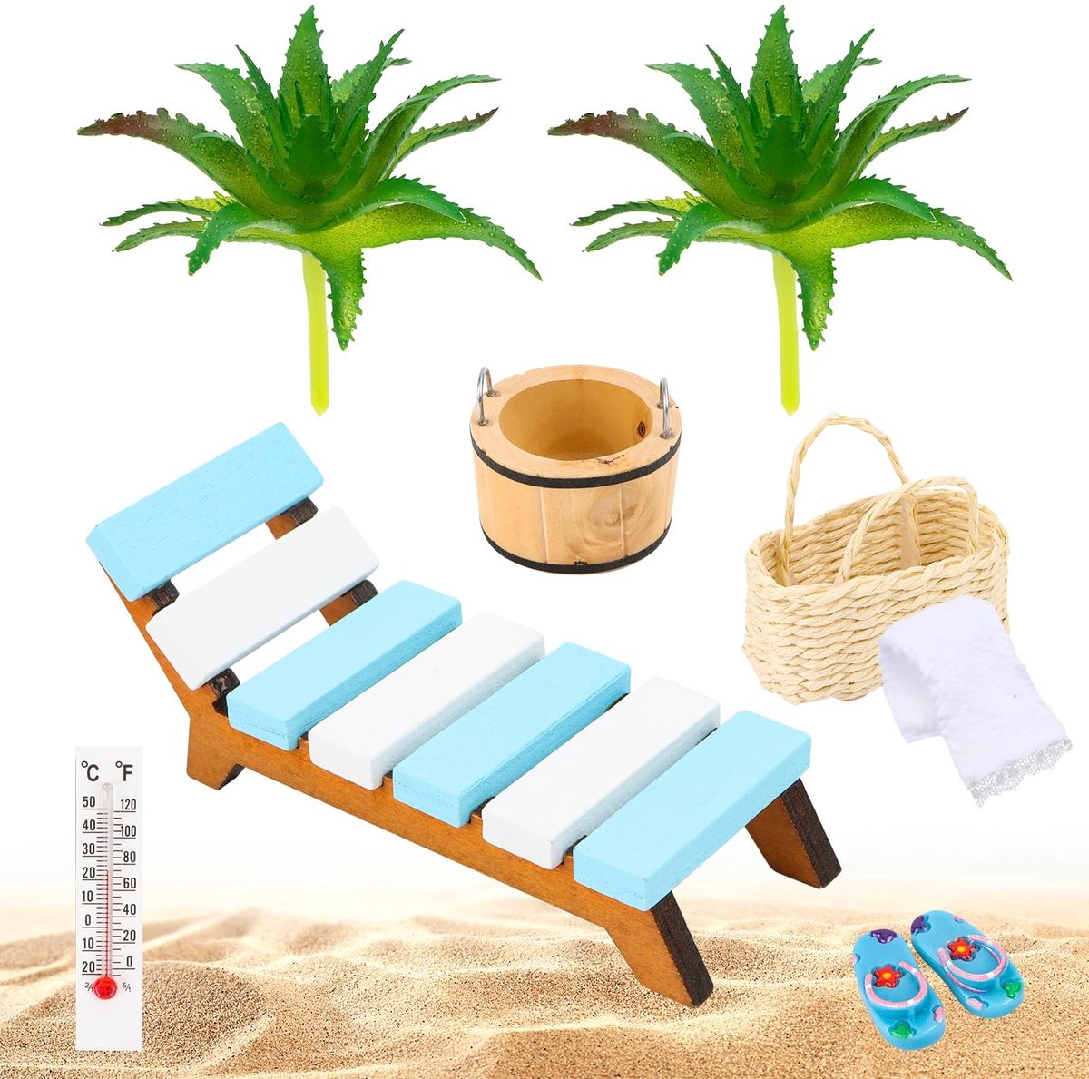 VLEMICO- Sauna Accessoires Miniatuurset - Wellness Decoratie - 9 Delen - Ligstoel/Pantoffels - Thermometer/Waskom - Doe-het-zelf Decoratie - Hoogwaardig Hout - Miniatuurdecoratie