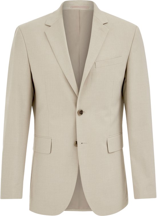 Beige slim fit blazer met twee knopen en opgestikte zakken.