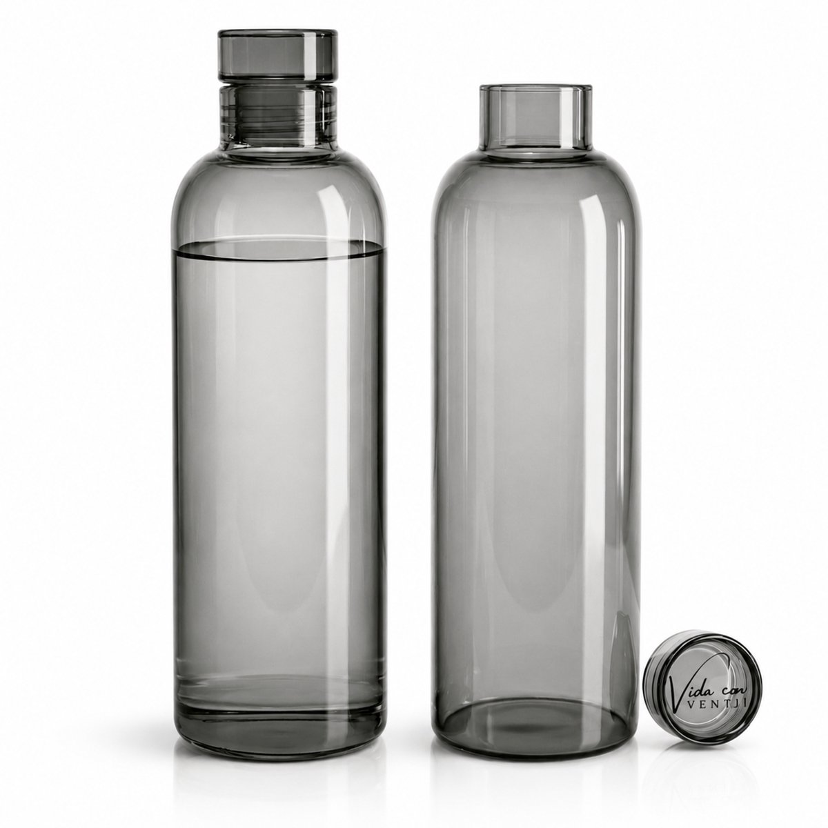 Ventji® Glazen drinkfles - 2 stuks - Waterfles glas - 500ML - Glazen dop - Duurzaam - Lekvrij - Smoked Black