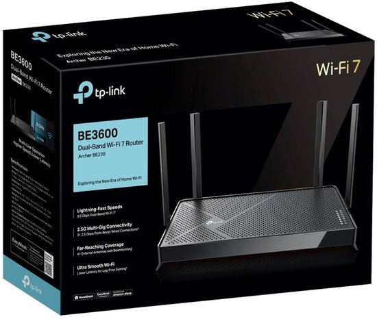TP-Link Archer BE230 Dual-Band Wi-Fi 7 Router in het zwart met vier externe antennes. De doos toont "Wi-Fi 7" en "BE3600".