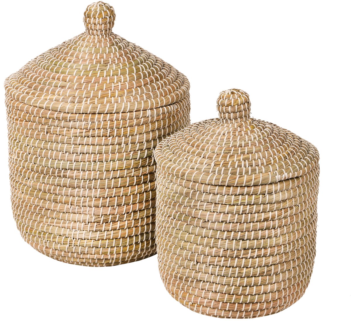 “NATURAL LIVING” set van 2 manden van kansgras met deksel – H30 cm / H38 cm
