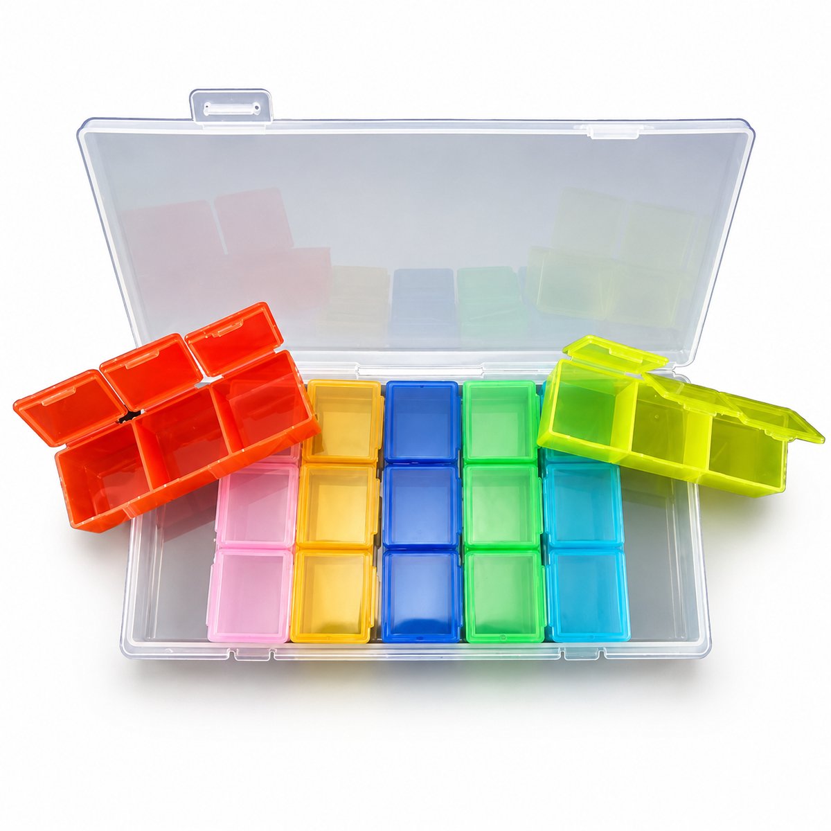 Okado Pillendoos 7 Dagen Met 3 Vakjes Per Dag, Weekindeling, Kunststof Pillendoosje In Bonte Kleuren, Compact Reisset