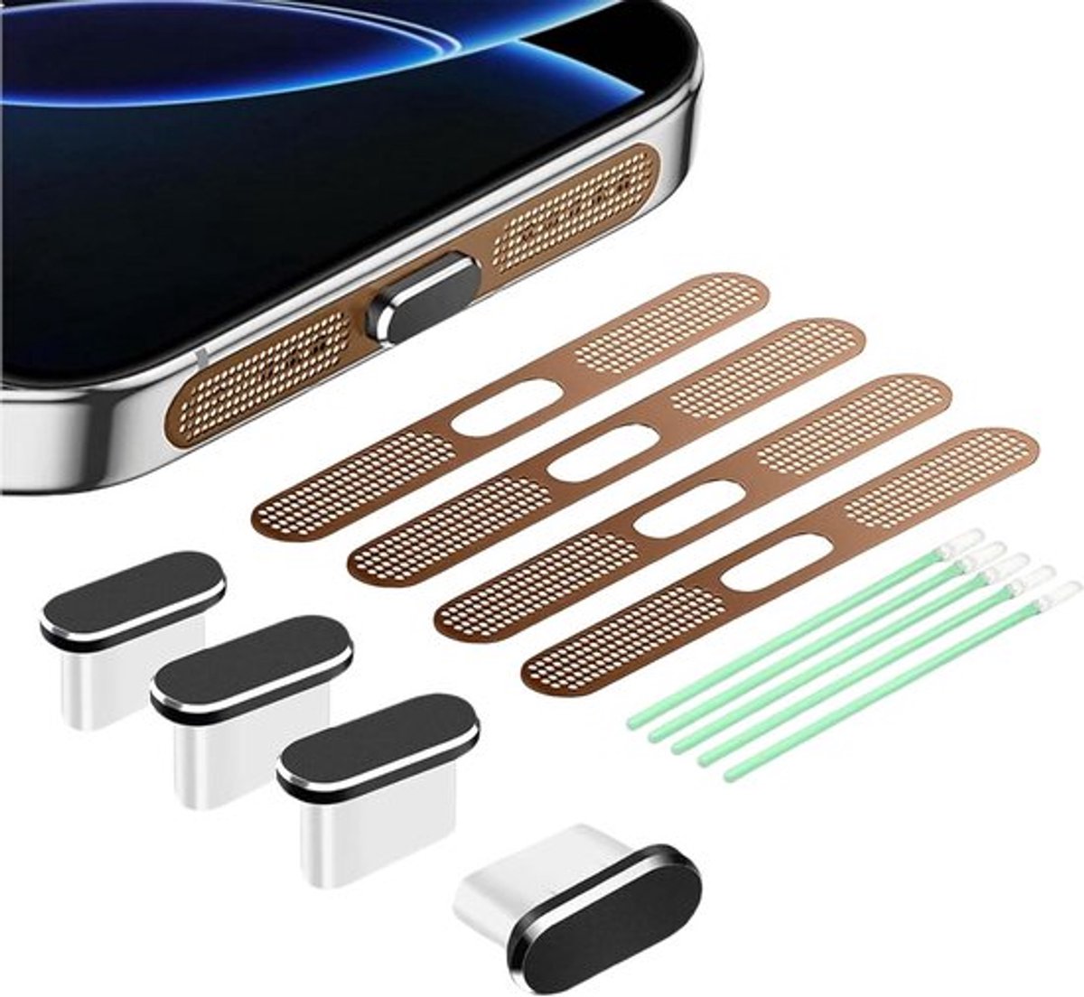 Set van 8 USB-C stofbeschermers voor Type-C oplaadpoorten - Beschermhoezen voor oordopjes en luidsprekernet - Stofdichte plakbeschermers met zoekwoord Woestijntitanium - Geschikt voor iPhone 16 en iPhone 15