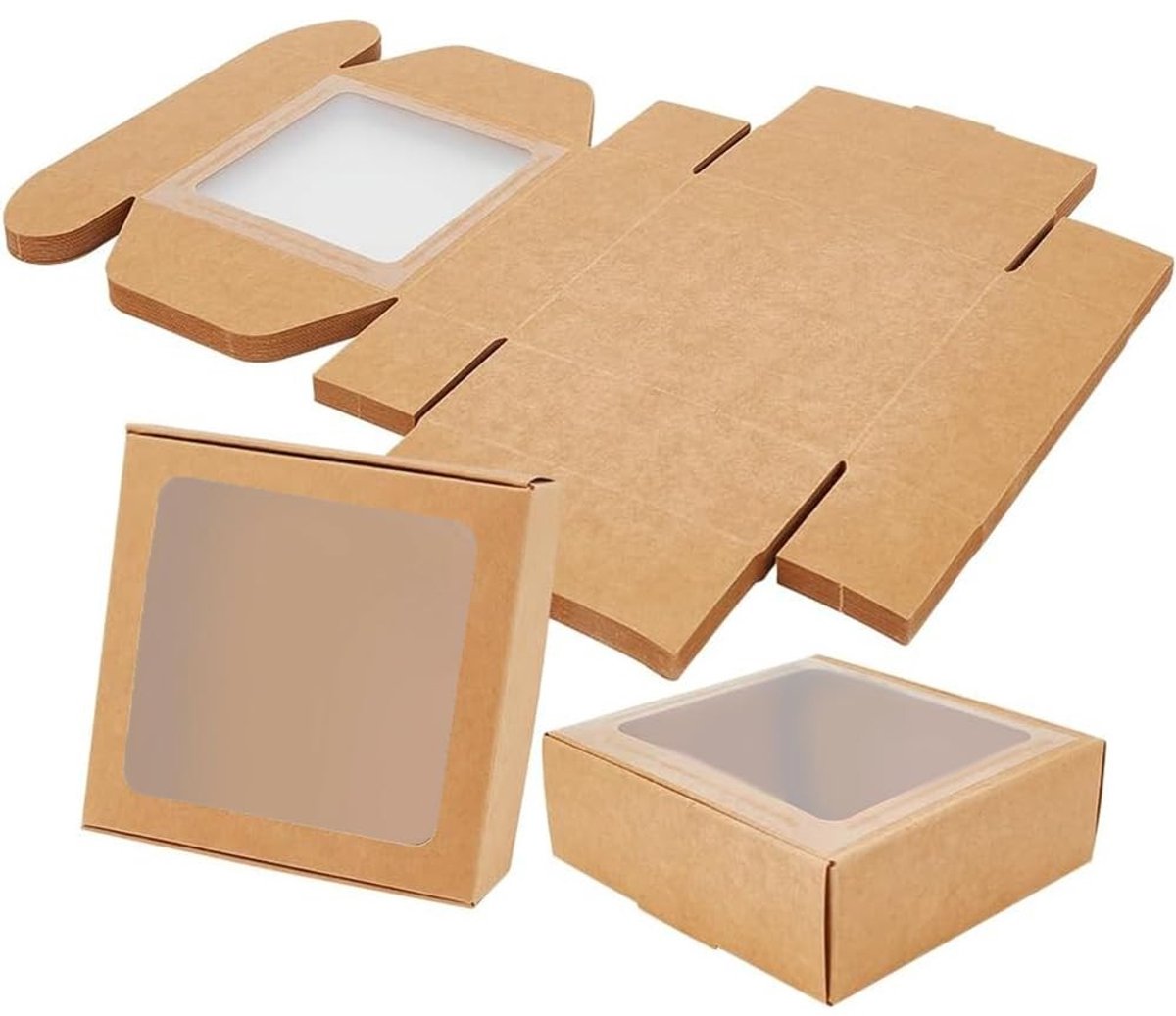 ZEYNOMAX- Geschenkdoos 18 Stuks - Opvouwbaar Kraftpapier - Transparant Venster - 10,5x10,5x4cm - Robuust - Herbruikbaar - Verpakkingsdozen