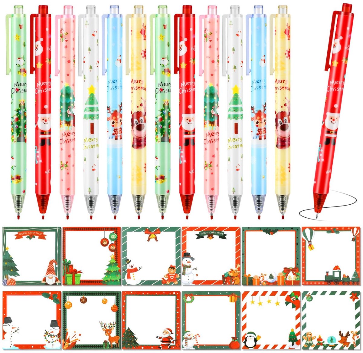 Dailygoods- Kerstpennen 12 stuks - Kerst Plaknotities 12 stuks - Kerstman/Sneeuwpop/Kerstboom - Cadeau voor Kinderen - Kantooraccessoires - Kunststof/Papier - Kerstnotities