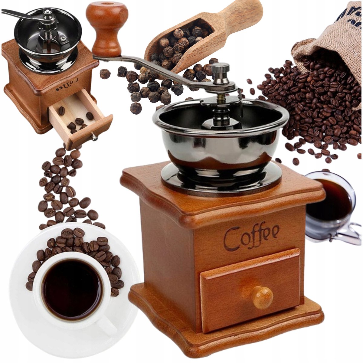 Retro Houten Koffiemolen - Handmatig Malen van Koffie & Kruiden