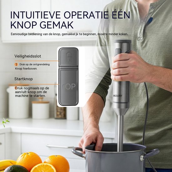 Staafmixer set - Handblender met hakmolen - Traploze snelheid - 1000 W - 700 ml maatbeker - Keukenmixer - 6,5 x 6,5 x 40 cm - Zilver van ROUNY — afbeelding 4