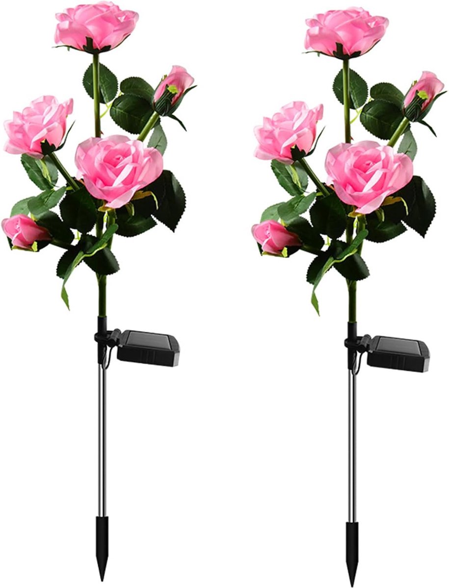 Twee op zonne-energie werkende LED-decoratieve tuinlampen met gesimuleerde rozenmotieven (roze - 5 rozenkoppen).