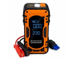 Alpha Omega Startbooster & Bandenpomp 12V – Accustarter Auto – Compressor met Digitaal Display – Powerbank – LED Zaklamp & SOS Licht – Inclusief Opberghoes