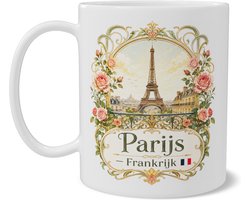 Mok Parijs Frankrijk souvenir, front back print met vintage Art Nouveau reisillustratie, Eiffeltoren, rozen en balkonlijnen, zichtbaar op beide zijden, cadeau voor stedentrip fan en vakantieherinnering