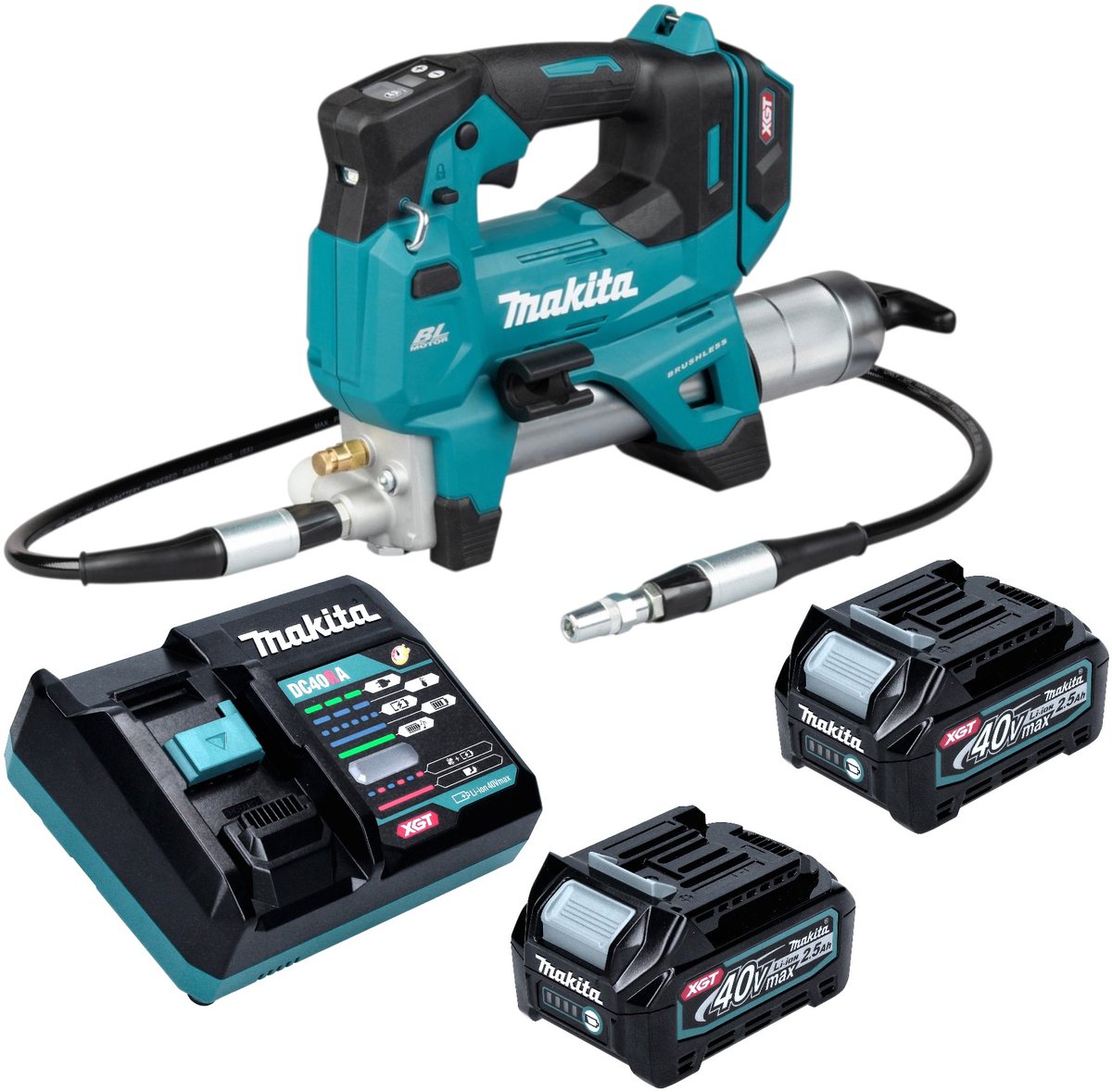 Makita GP 001 GD201 accu-vetpomp 40 V max. 690 bar borstelloos + 2x accu 2,5 Ah + oplader