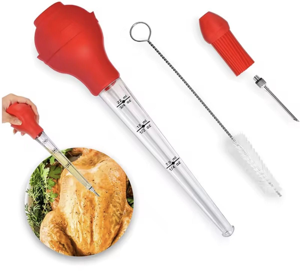 Okado Vleesbedruiper Set Rood – Marinade Injector en Vleesspuit voor BBQ, Oven en Grill – Kunststof Vleesinvetter met Opzetstukken – 27 cm