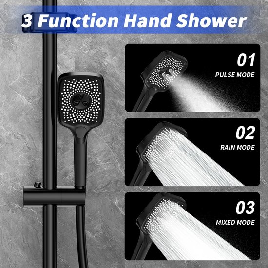 Zwarte handdouche in vierkant design met 3 sproeistanden: pulse, regen en gemengd.