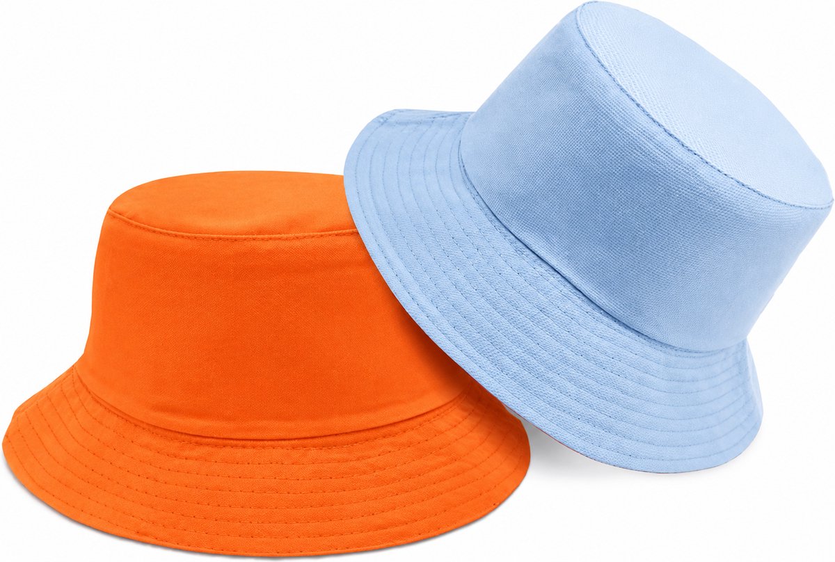 Bucket Hat - Omkeerbaar Vissershoedje - Dubbellaags - Oranje & Lichtblauw - WK & EK - Koningsdag - Reversible - Maat 58 cm - Heren - Dames - Festival Accessoire - Festivalhoedje - Regenhoedje - Zonnehoedje - Emmerhoed - Hoed - Unisex