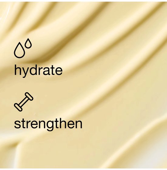 Gedetailleerde productafbeelding met de tekst 'hydrate' en 'strengthen'.