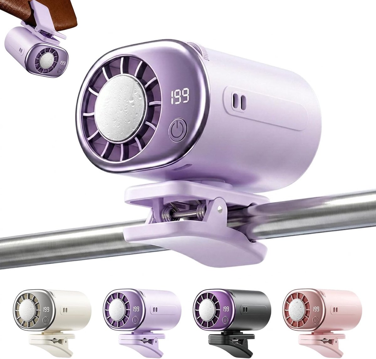 Ventilator - Mini ventilator - Draagbare mini koelventilator - Auto ventilator met clip en led display - 199 instelbare snelheden - 16℃ semi-koeling - Voor auto werk en camping - Paars