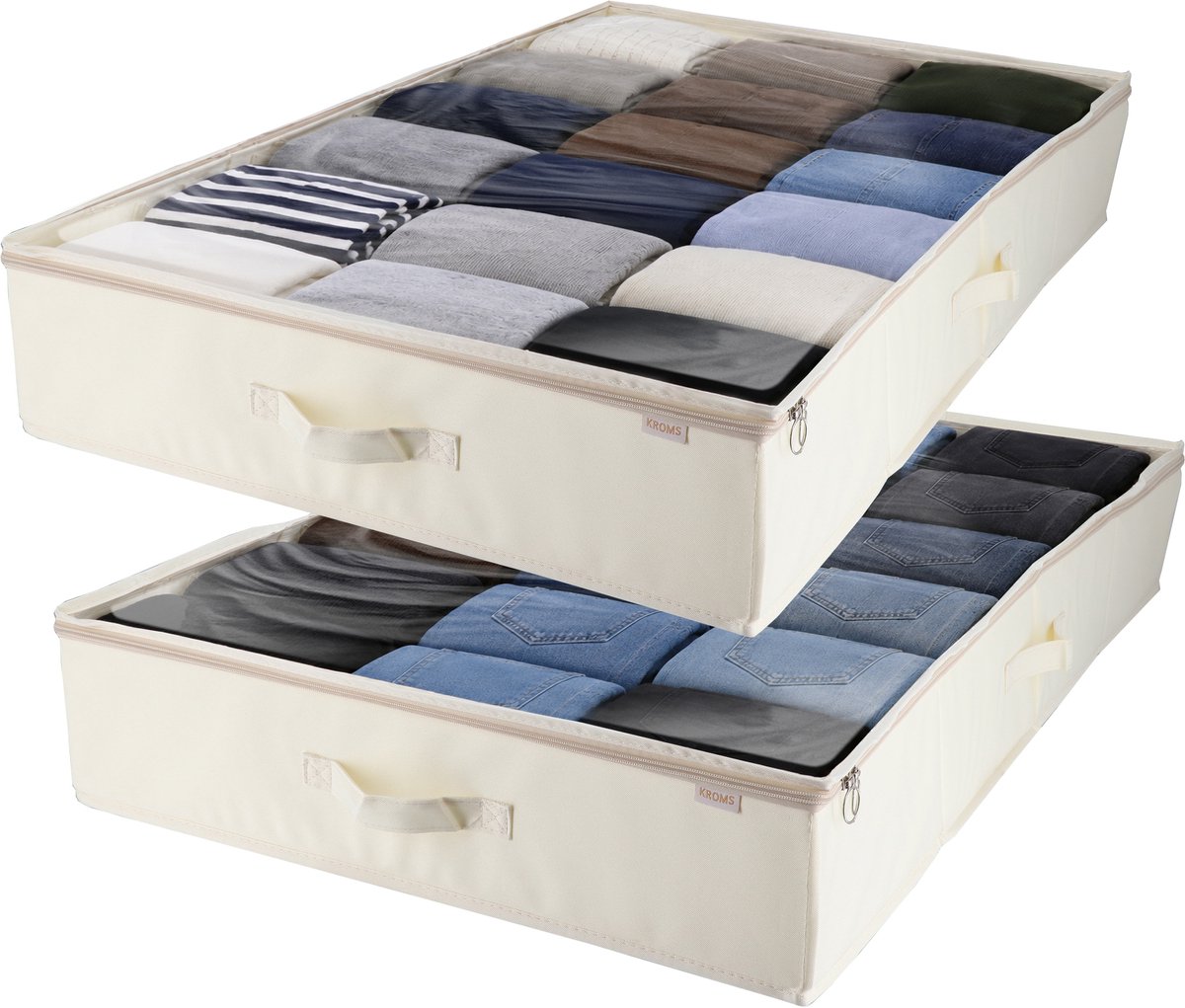 KROMS Under bed organizer set van 2 – Beige – 100 x 60 x 15 cm – Premium opbergtas onder bed – Voor kleding, dekbedden & beddengoed – Opvouwbare kast organizer met rits