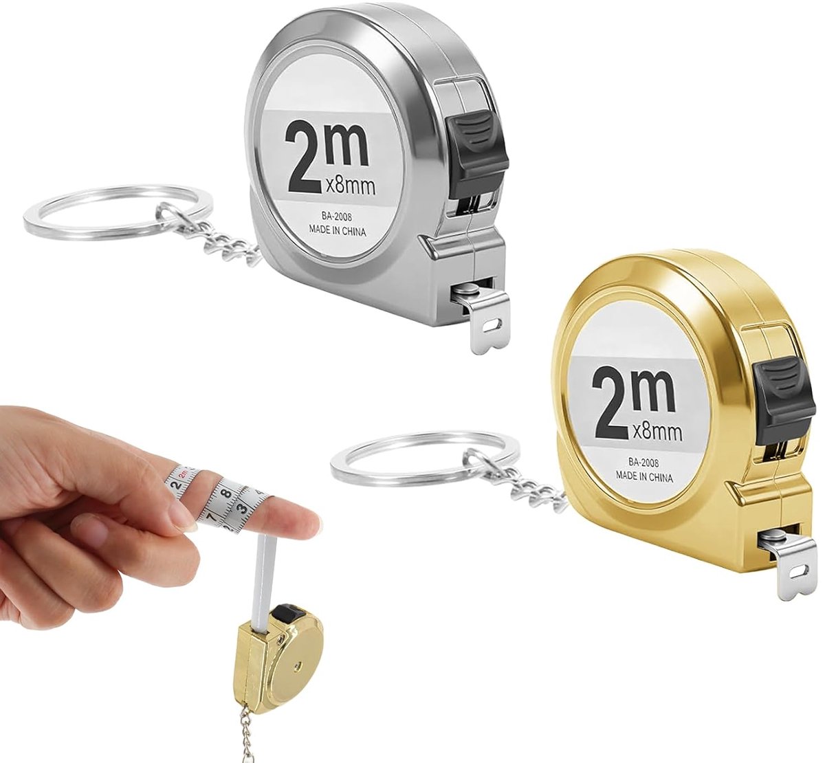 Rolmaat sleutelhanger - 2 stuks - 2 m Meetlint gadgets - Mini rolmaat - Metalen liniaal - Meetgereedschap - Draagbaar - Keychain tool met sleutelringen - Nauwkeurige metingen - Voor doe het-zelvers, huiseigenaren en automobilisten - Zilver+Goud