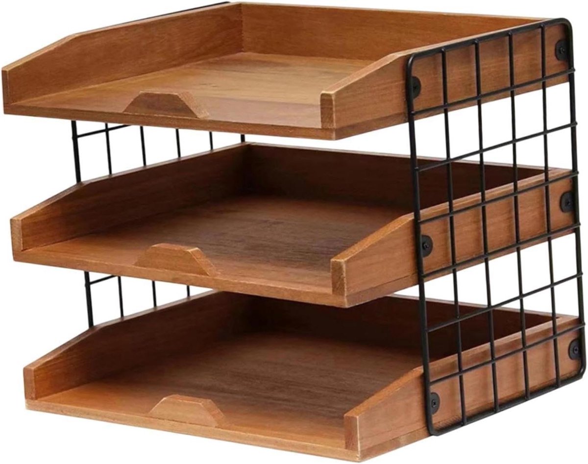 Bureau Organizer - Brievenbak - Werkplek Opruimen - Drie Lagen - 35 x 29 x 35 cm - Houtkleurig