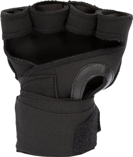 Zwarte vingerloze handschoen met lederen detail op de handpalm en polswrap.