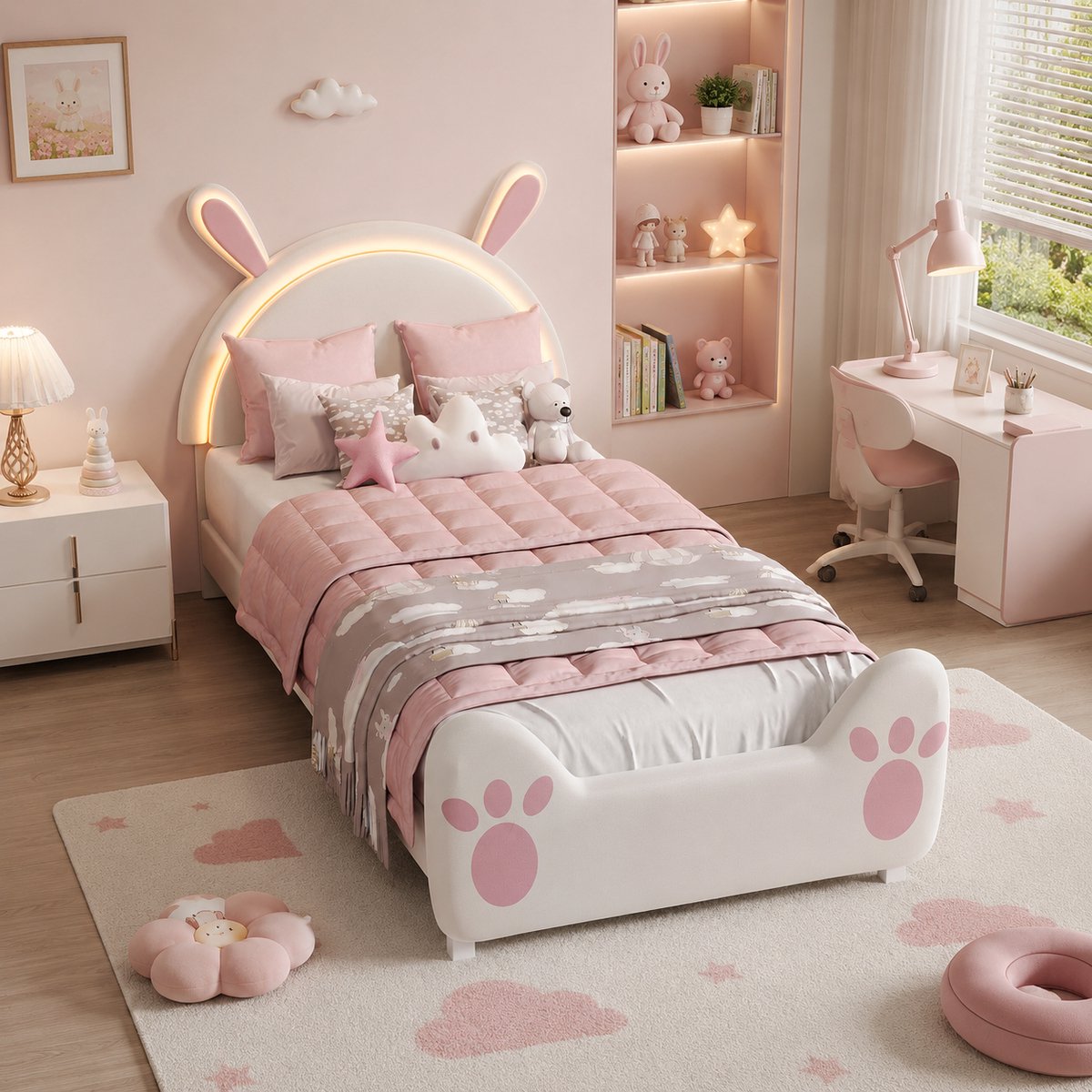 Kinderbed 90x200 cm met LED, Konijnvorm, Eenpersoonsbed voor meisjes, Gestoffeerd bed met hoofdbord en lattenbodem, Prinsessenbed in roze fluweel, Rose