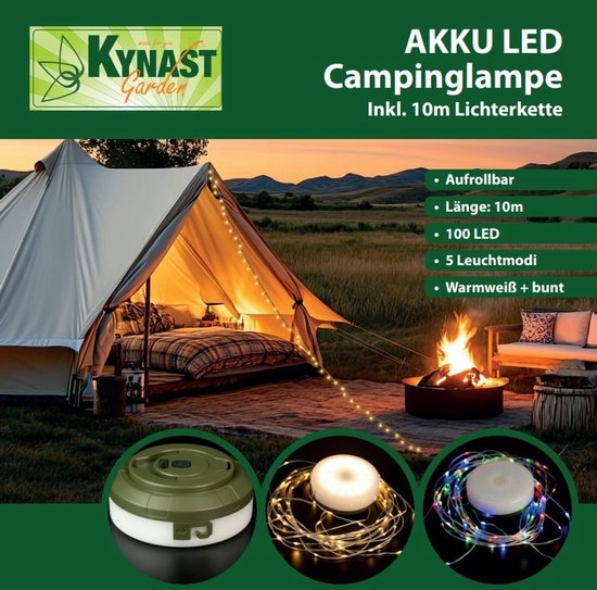 Kynast Campinglamp met 10 Meter Oprolbare Lichtsnoer 130 LED USB Oplaadbaar IP44 Warmwit en RGB Verlichting — afbeelding 2