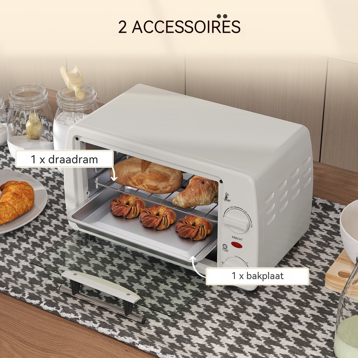 Mini Oven - Kleine Elektrische Oven - Temperatuur tot 230 ℃ - 60 Minuten Timer - 10 Liter 750W - Voor Camping en Keuken - 36,5x26x22 cm - Crèmewit – foto 3