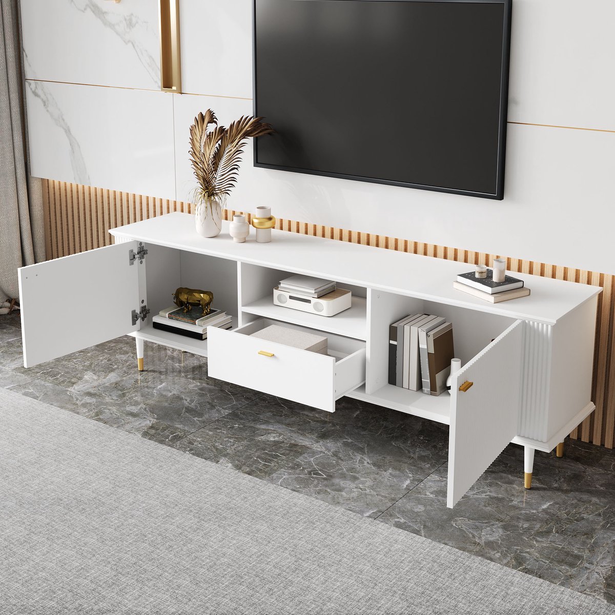 MIVRAY Tv Meubel - Met Kabelopening En Lade - Voor Woonkamer - MDF In Wit Met Gouden Details - 170x36x54 Cm