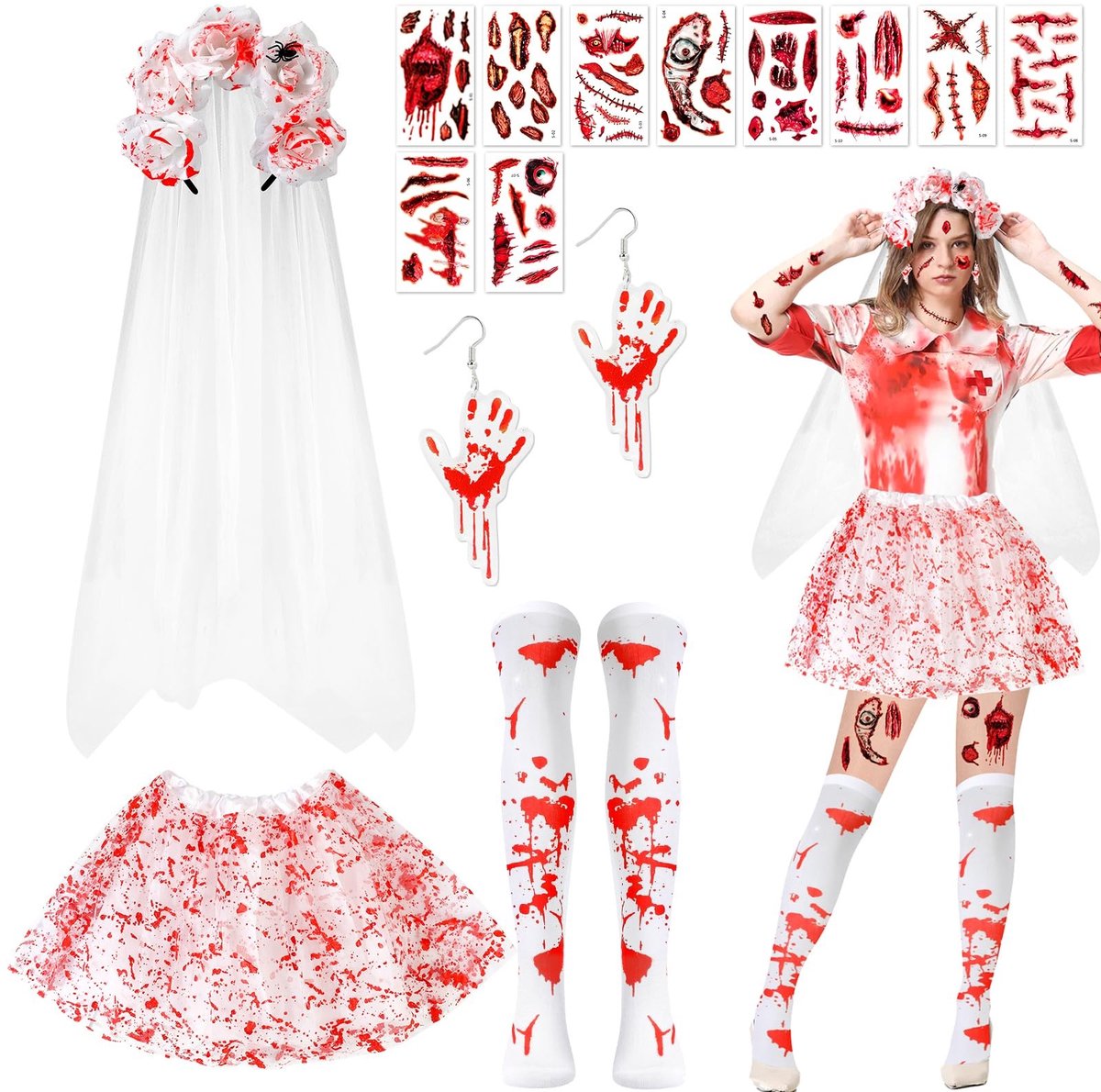 Dailygoods- Bruid Kostuum - Halloween Zombie Bruid - Tutu Rok met Bloedvlekken - Sluier - Hoge Kousen - Accessoires Set - Macabere Look