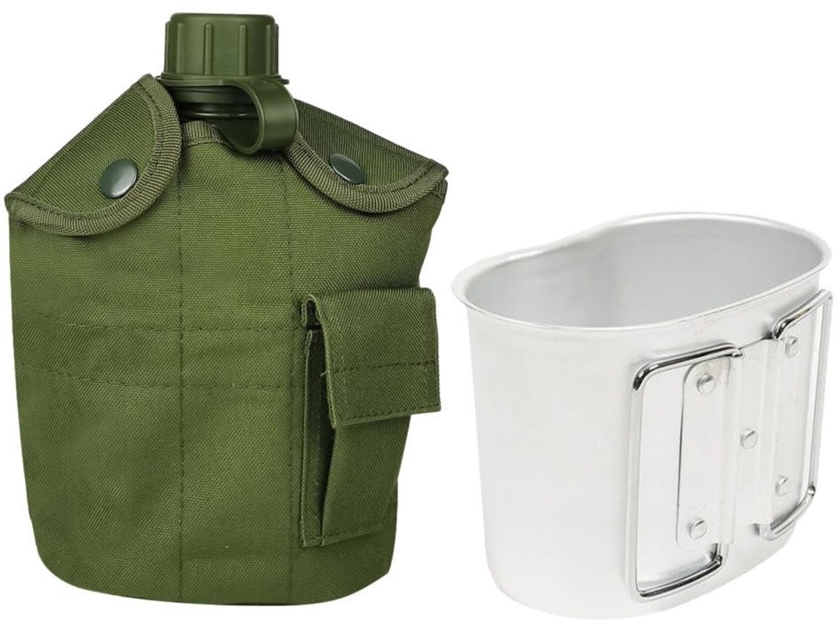 BRENZOOS- Waterfles 1 Liter - Draagbare Aluminium Waterfles - Outdoor Waterkoker - Militaire Kantine Kit - Gladde Flessenmond - Lichtgewicht Aluminium Beker