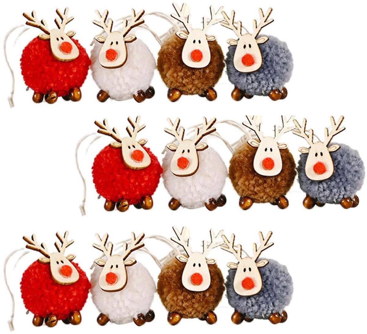 BRENZOOS- Kerstboomhangers 12 Stuks - Elanddecoratie - Vilt/Hout - Feestdecoratie - Duurzaam - Formaat 5 x 4 cm - Kerstdecoratie