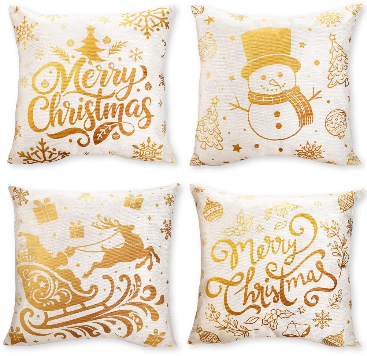 BRENZOOS- Kussensloop Goud - Kussensloop 45x45 cm - Kussenslopen set van 4 - Kerstmotieven - Decoratieve hoes - Linnen, wasbaar - Kussenhoes