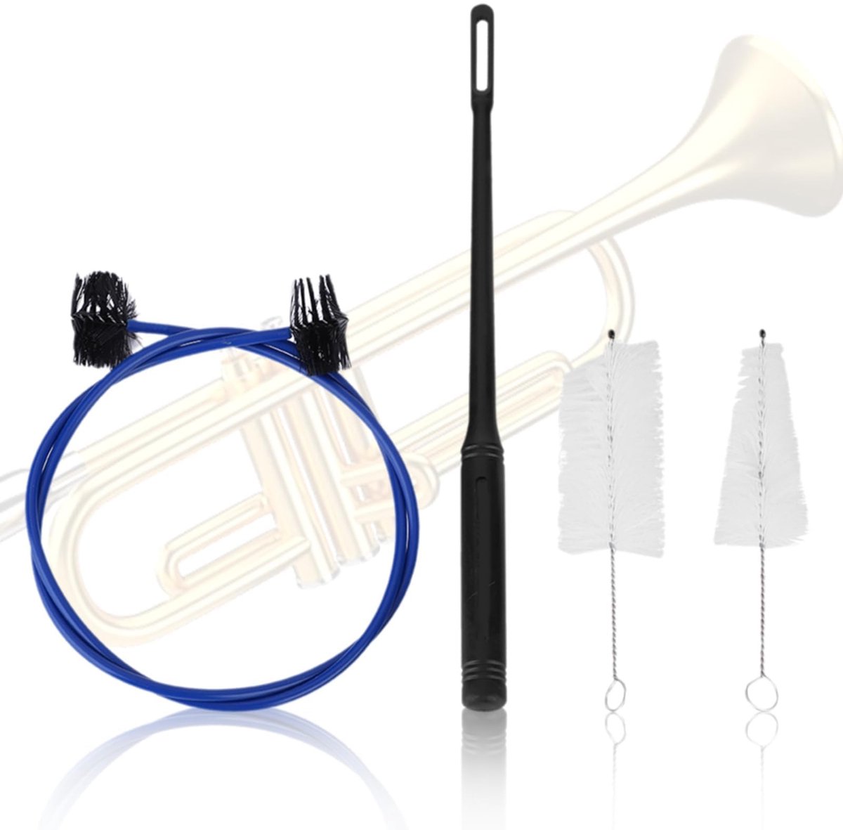 BRENZOOS - Trompet Reinigingsset - 4 stuks - Flexibele Slangenborstel - Kunststof - Reinigingsstick - Compleet voor Trompet - Voor Muziekliefhebbers
