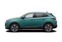Zij-aanzicht van een tealgroene Opel Grandland SUV op een witte achtergrond.