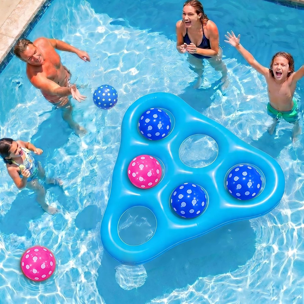 Zwembad Spelletjesset - Tic Tac Toe Drijvend Spel & Opblaasbare Drijvers - met 6 Ballen & Luchtpomp - Omkeerbaar Tweekleurig - voor Waterfeest - voor Volwassenen - Blauw (Driehoek) - 1 Set