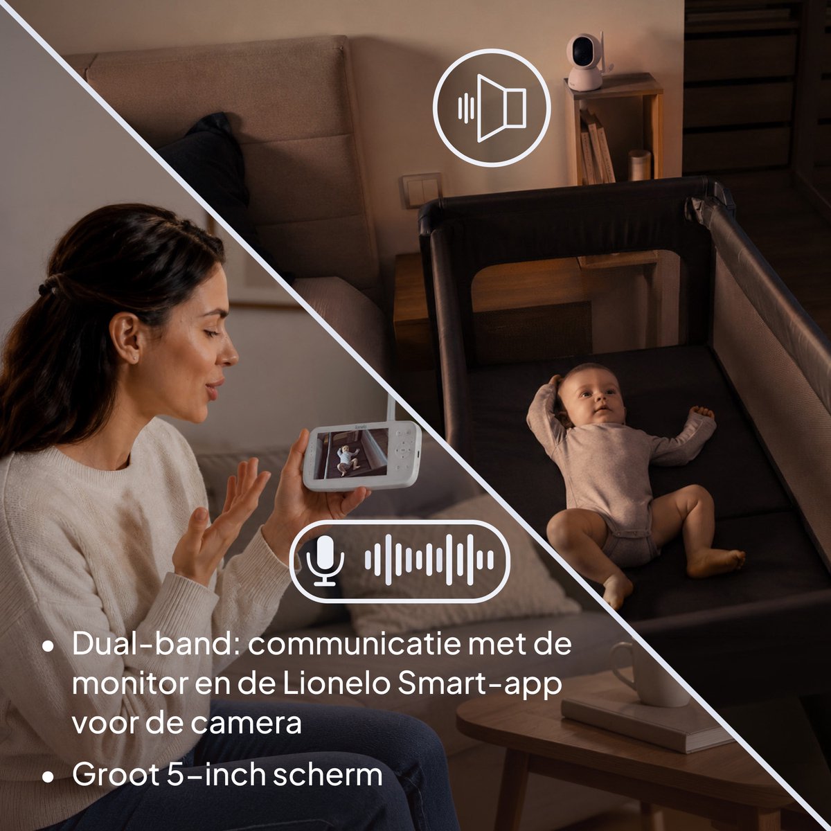 Lionelo Babyline 8.4 Babyfoon met Camera – 5 Inch Monitor en Smartphone App – Full HD 1080p – WiFi Baby Monitor – Huil-, Bewegings- en Geluidsdetectie – Night Vision – Tweeweg Communicatie – Tot 300 m Bereik thumbnail 8