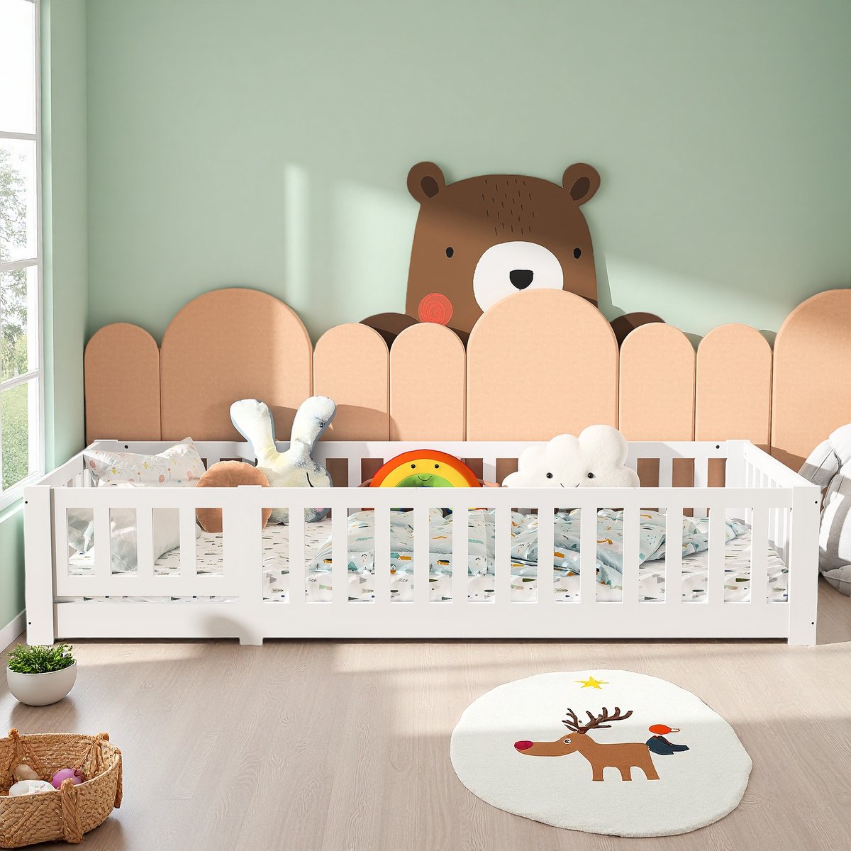 ROSAHQNDA Kinderbed 90 x 200 cm met deur en slot, valbeveiliging en lattenbodem, Montessori kinderbed, massief grenenhout, zonder matras Wit