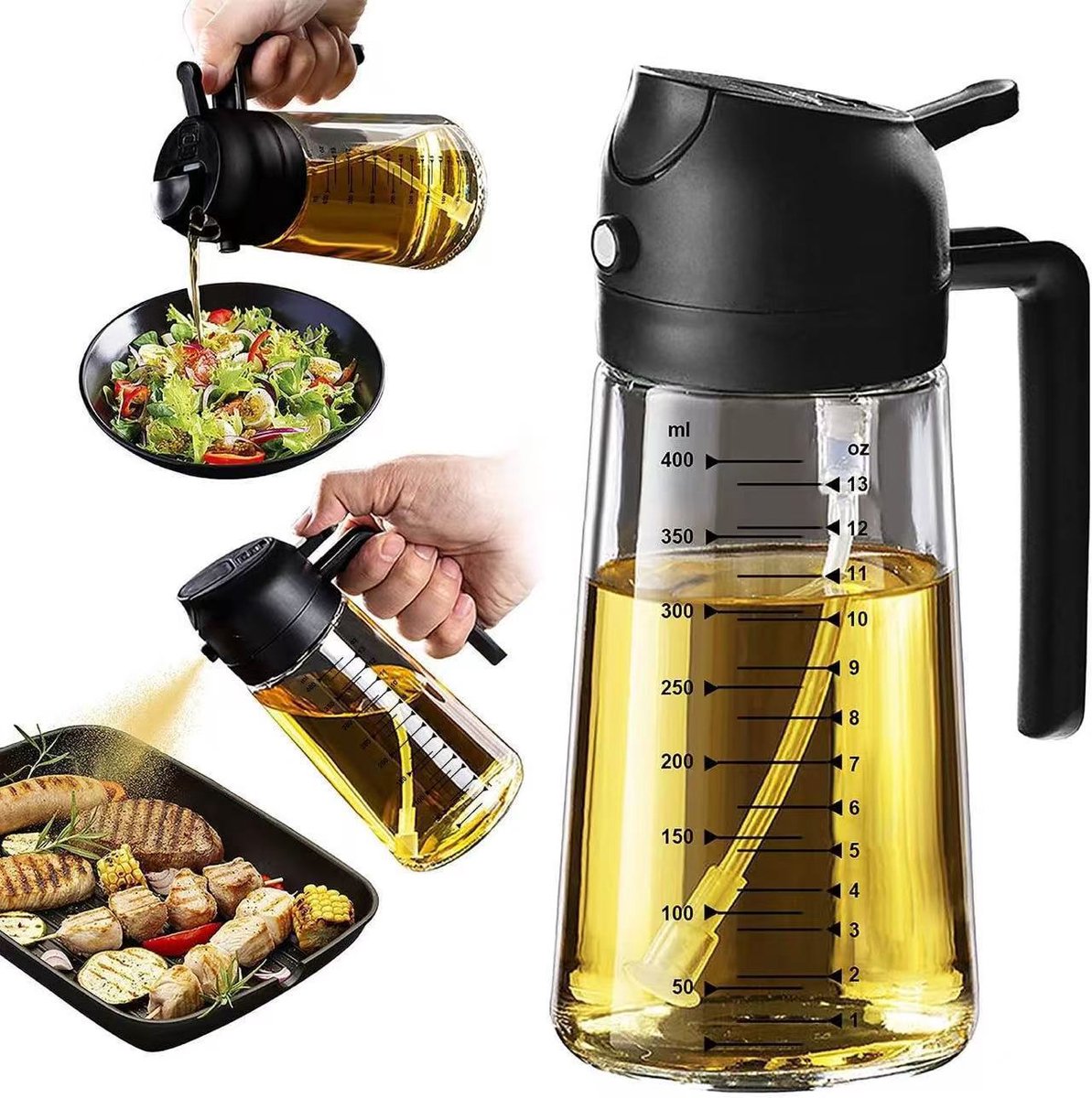 1 Gegradueerde Spuitfles - 470 ml – Glazen Olijfolie Spuitfles - Gemakkelijk in gebruik - Geschikt voor keukens, airfryers, salades en grills – Zwart