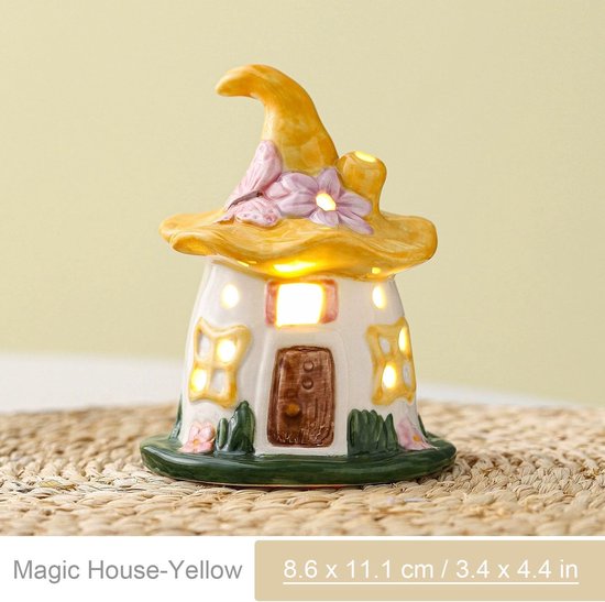 LED Nachtlampje - Keramiek lamp - Nachtlampje in een schattige vorm - Keramische huisjes in 'Magic Hat'-stijl - rustieke tafeldecoratie - Ideaal voor Kinderkamer & Slaapkamer - Baby & Kinderkamer Decoratie - Geel — afbeelding 4
