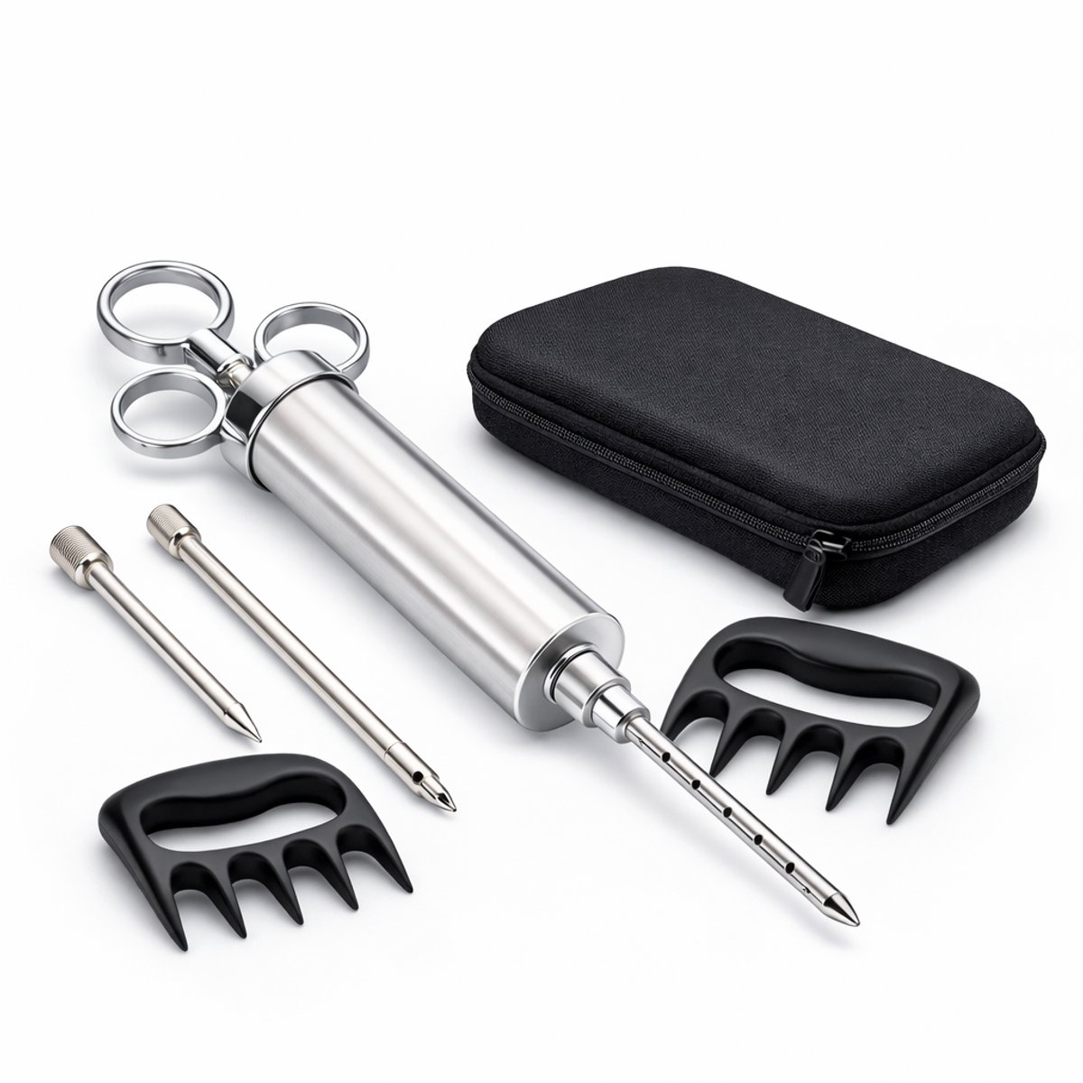 BooGoo® Complete Marinade Spuit Set – Incl. Opbergtas & Vleesklauwen – BBQ Vlees Injector – 3 Naalden & Accessoires – Inclusief E-book
