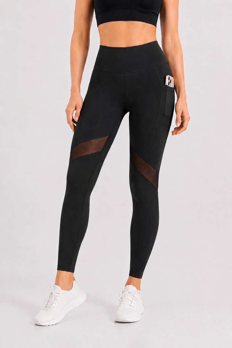 SparkNine Meshmotion sportlegging - dames - met zakken - XL - zwart - stijlvolle mesh panelen - telefoon zakken - elastisch - squatproof