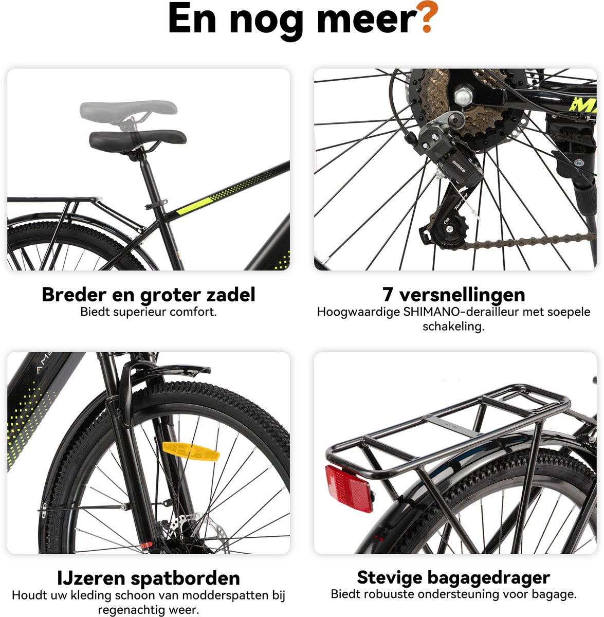 HILAND Matawak elektrische stadsfiets - 26 inch - 250W motor - 60km actieradius - 36V 10.4Ah accu - Shimano 7-versnellingen - Unisex -Geel thumbnail 4