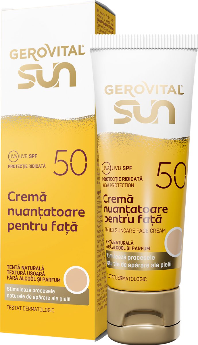 Getinte zonnebrand gezichtscrème SPF50 - medium tinted - Hoge bescherming en een egale teint - Voorkomt pigmentvlekken en vroegtijdige veroudering - Zonder alcohol en parfum - Gerovital Sun - 50 ml