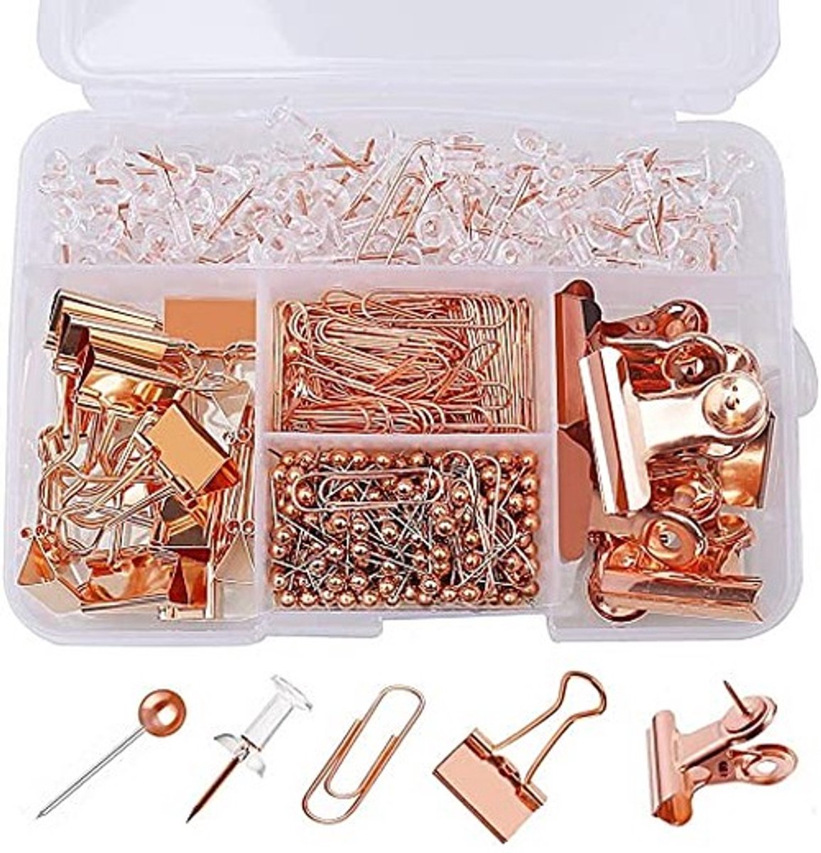 Dailygoods- Briefpapier 500 Stuks - Kantoorartikelen - Papieren Clips - Push Pins - Metalen Clips - Roestvrij Staal - Roségoud