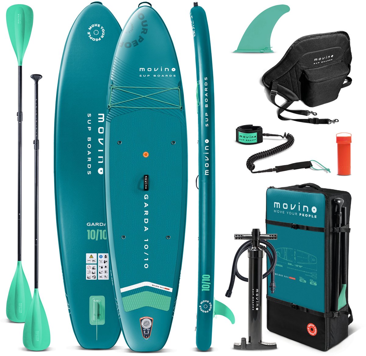 Movino Garda - Sup Board - 10’10” (330cm) - Opblaasbaar - Max. 160 kg - Rugzak - Dubbele pomp - Leash, Vin - 2-in-1 peddel - Kajakstoel - Reparatieset