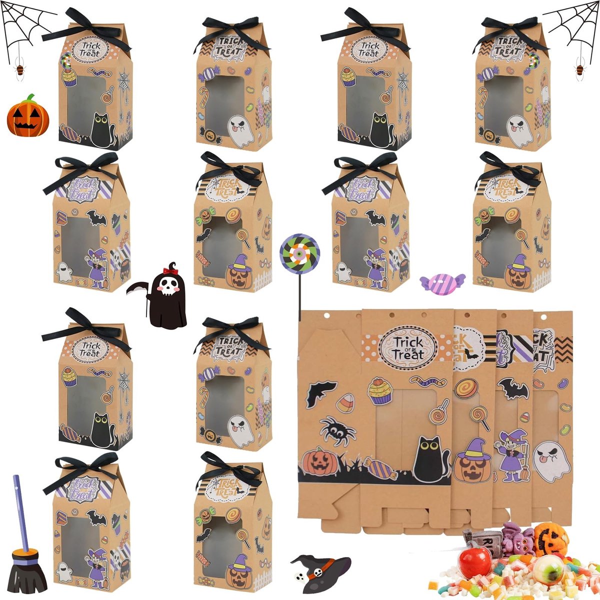 Dailygoods- Snoepdoosjes 16 stuks - Halloween Traktatiedoosjes - Kraftpapier - Transparante Papieren Zakken - 4 Designs - Afmetingen 9 x 6,5 x 17,5 cm