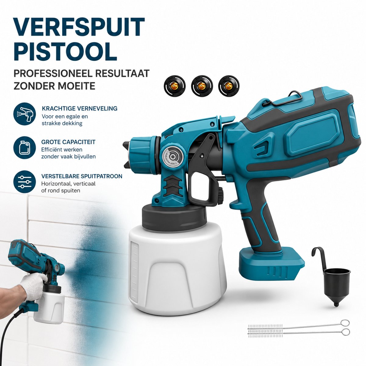 Draadloos Verfspuitpistool / Accu Verfspuit / Elektrische Spuitpistool – 200W met 3 koperen spuitkoppen (1,0 / 1,8 / 2,5 mm) – Instelbare snelheid – 1400 ml beker – Voor hout, meubels, muren & lakwerk – Incl. reinigingsborstel, naald, trechter
