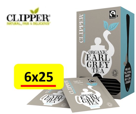 Clipper biologische Earl Grey thee, 6x25 zakjes. Grijze en lichtblauwe verpakking met zwaan en theepot.
